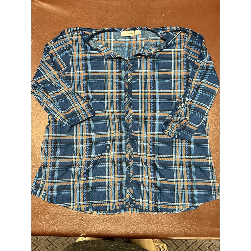 i.b.diffusion Kmart W 1X Orange Blue Plaid Long Roll Tab Sleeve Pullover‎ Blouse